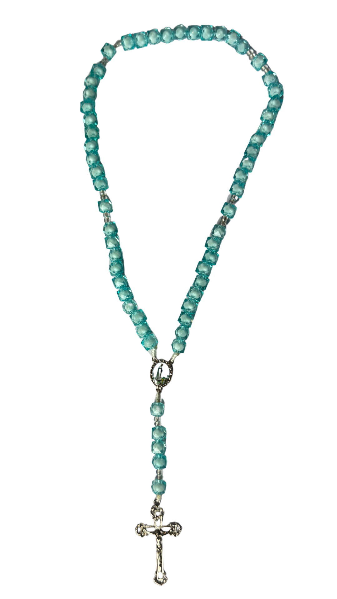 Terço Verde Água Cristal com Crucifixo