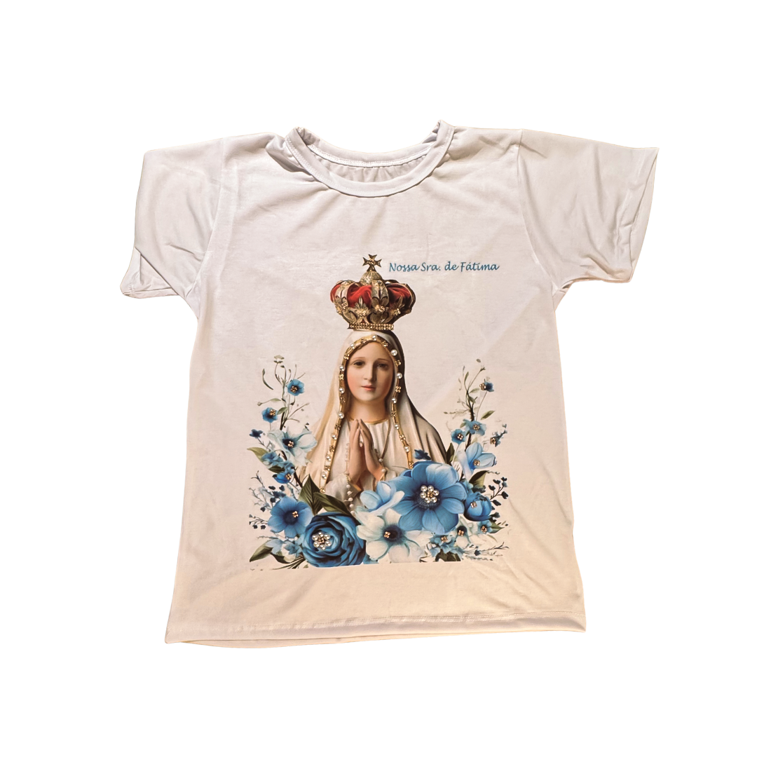 Blusa Nossa Senhora de Fátima com Rosas Azuis
