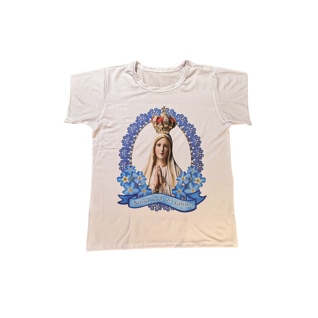 Blusa Nossa Senhora de Fátima com Rosas Azuis e Dourado