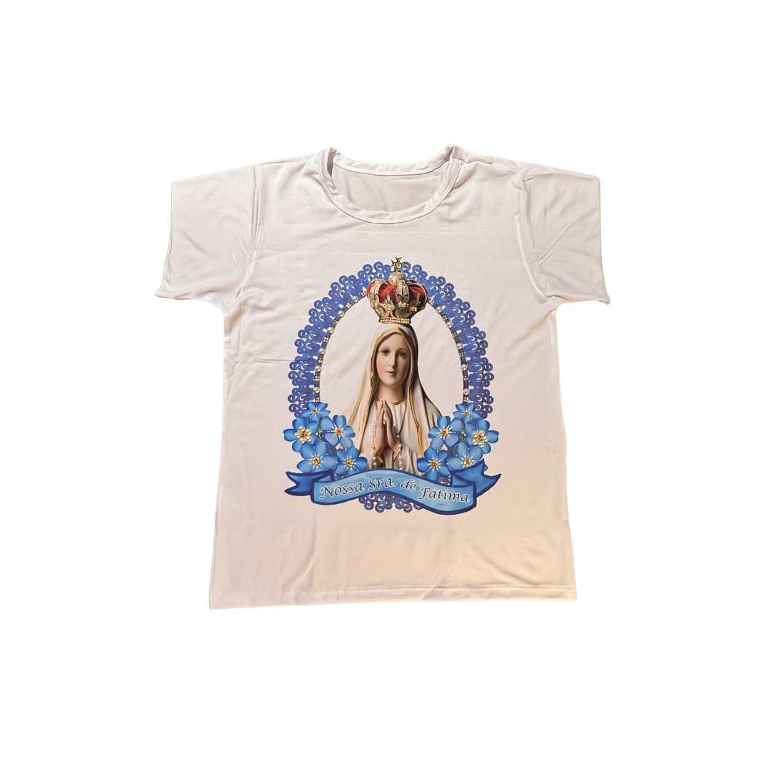 Blusa Nossa Senhora de Fátima com Rosas Azuis e Dourado