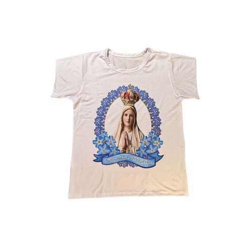 Blusa Nossa Senhora de Fátima com Rosas Azuis e Dourado