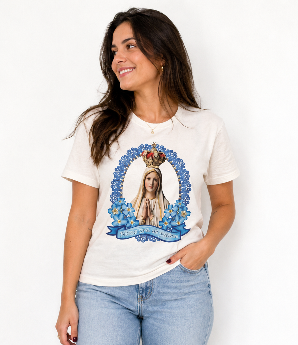Blusa Nossa Senhora de Fátima com Rosas Azuis e Dourado