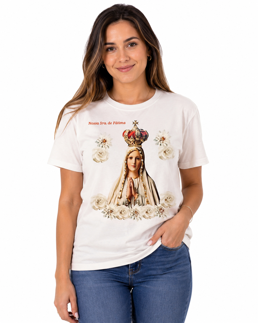 Blusa Nossa Senhora de Fátima com Rosas Cinzas