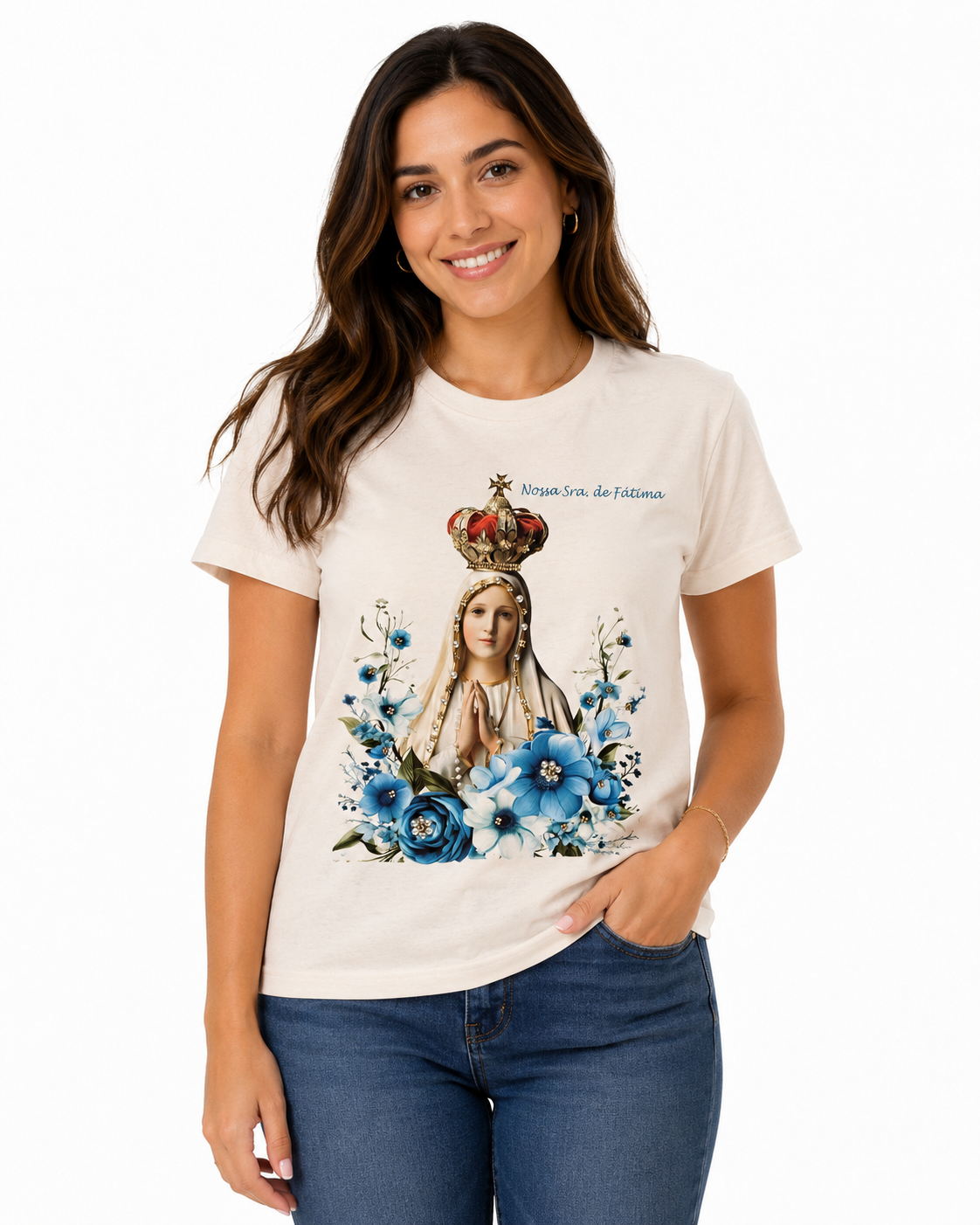 Blusa Nossa Senhora de Fátima com Rosas Azuis