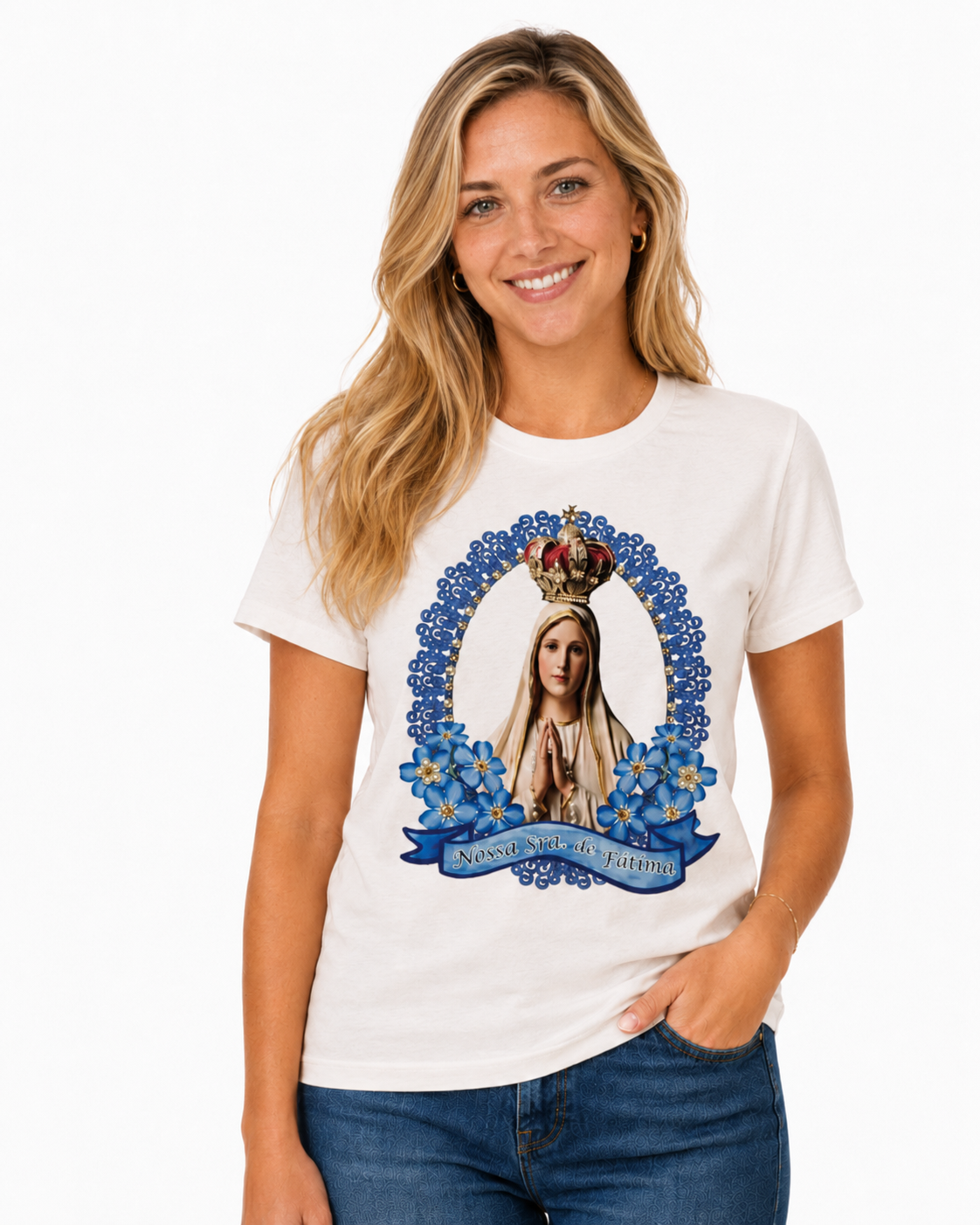 Blusa Nossa Senhora de Fátima com Rosas Azuis e Dourado