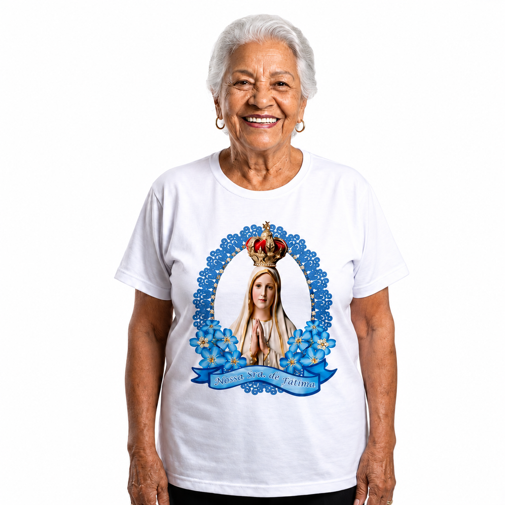 Blusa Nossa Senhora de Fátima com Rosas Azuis e Dourado
