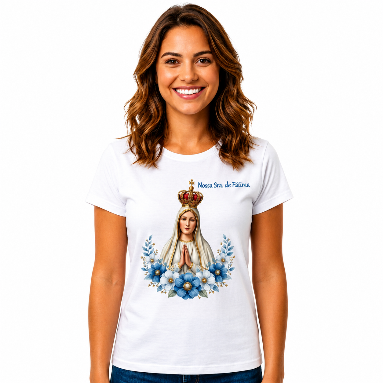 Blusa Nossa Senhora de Fátima com Rosas Azuis